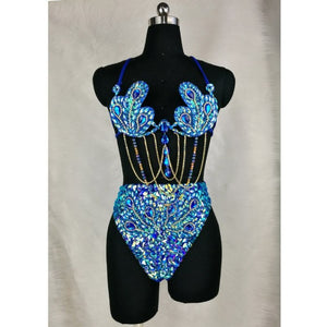 Samba Carnival Wire Bra & High Waist Bottom 2pcs/Set Stones CB010-2 RED AND ROYAL BLUE COLOR