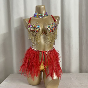 New Style Handmade Samba Carnival Wire Bra,Pants And Ostrich Feather Mini Skirt With Stones For EDC Festival Rave Carnival Red Color
