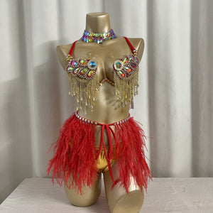 New Style Handmade Samba Carnival Wire Bra,Pants And Ostrich Feather Mini Skirt With Stones For EDC Festival Rave Carnival Red Color