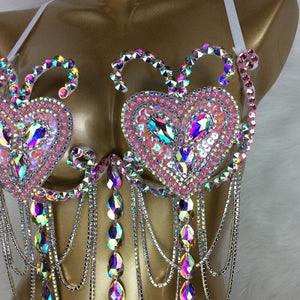 Samba Carnival Bra Rainbow Pink & RED Stone Belly dancing WIRE BRA FREE SHIPPING BB1721