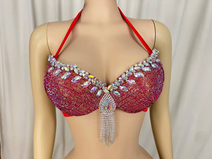 New Style Samba Carnival Handmade Dance Bra Red Color For EDC Festival,Rave Performance
