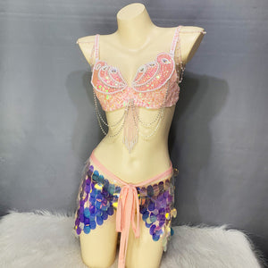 New Shiny Pink Belly Dance Costumes Bra Hip Scarf Sequins Carnival Rave Costume For Women Belly Dancing Stage Costumes Dance Clothes N21016