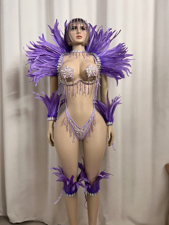 Top Quality Handmade Samba Rio Carnival Wire Bra+Panty+feather shawl With Stone Sexy Belly Dancing Costume
