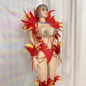 New Style Handmade Monokini Bodysuit Wire Bra With Thong Red Color With Feather Ser For Samba Carnival