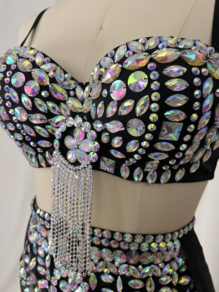 Samba Carnival Performance Set Handmade Rainbow stones Costumes Bra,High Waist Bottom With Skirt