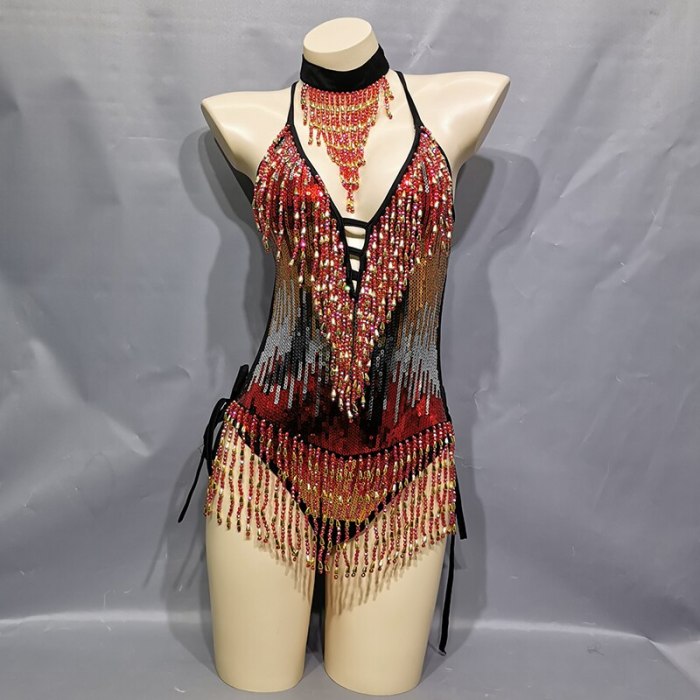 Sexy Tassel Sparkly Beading Sequin Bodysuit Festival Women's Costume EDC Party Nightclub Outfit Stage Performance Dance Clothing BS2101