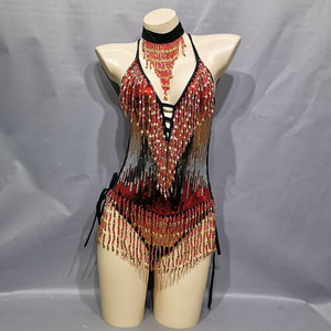 Sexy Tassel Sparkly Beading Sequin Bodysuit Festival Women's Costume EDC Party Nightclub Outfit Stage Performance Dance Clothing BS2101