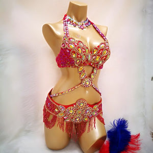 Hot sale Women's beaded Crystal belly dance costume wear Bar+Belt+Necklace 3pc set sexy bellydancing costumes bellydance clothes tf1732