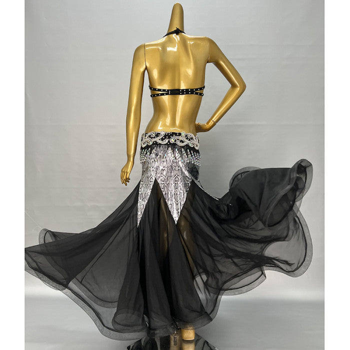 Professional Belly Dance Costumes Women Rhinestone Bra Belt Long Skirt 3pcs Belly Dancing Set Carnival Costume Clothes Outfits TF1909+SK1910 Black