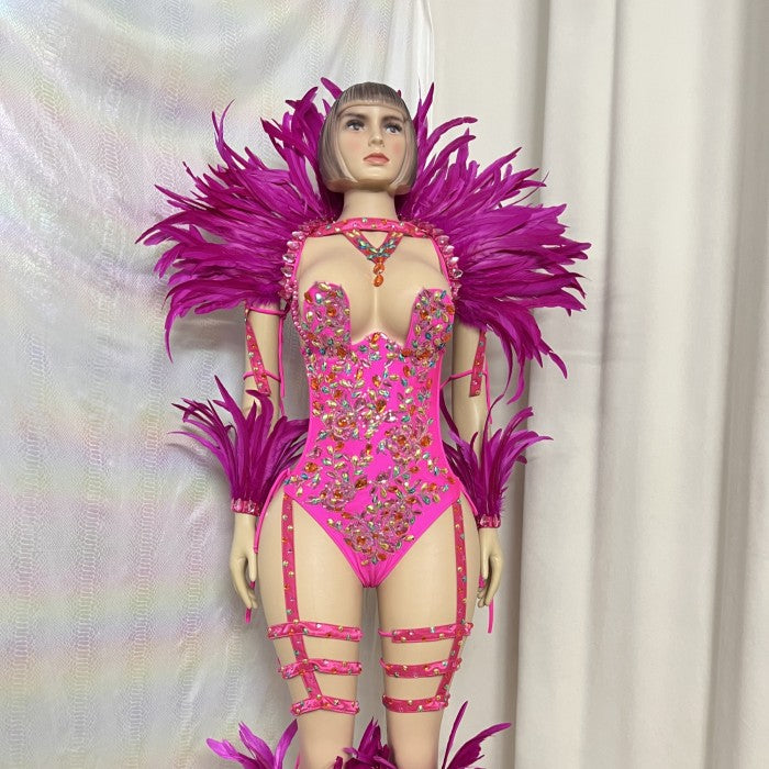 Samba Carnival Handmade Bodysuit With Feather Set And Stones Decorate For EDC Festival