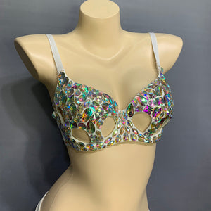 Women's Beaded Crystal Silver Belly Dance Costume Wear Bra+Panty+Hip Scarf 3pc Set Sexy Bellydancing Suit Bellydance Clothes N21011
