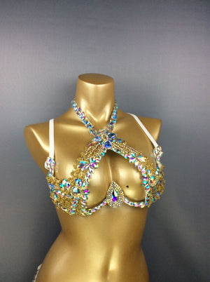 Samba Carnival Rave Festival Party Wire Bra Rainbow Stone