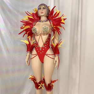 New Style Handmade Monokini Bodysuit Wire Bra With Thong Red Color With Feather Ser For Samba Carnival