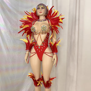 New Style Handmade Monokini Bodysuit Wire Bra With Thong Red Color With Feather Ser For Samba Carnival
