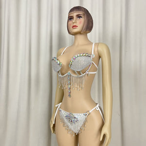 New style Samba Carnival Handmade Wire Bra And Panty With Stones,Diamond Chain Sexy Costumes For EDC Outfits Silver Color