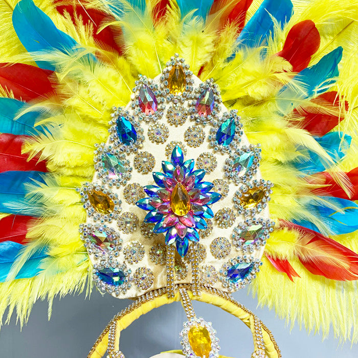 Sexy Women Samba Rio Carnival Costume Handmde Belly Dance Costume Wire Bra&Belt Set with Feather Head piece Rainbow stones C031