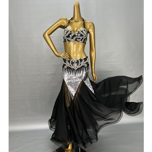 Professional Belly Dance Costumes Women Rhinestone Bra Belt Long Skirt 3pcs Belly Dancing Set Carnival Costume Clothes Outfits TF1909+SK1910 Black