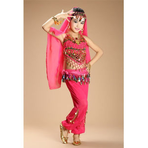 Hot sale kids belly dance 4pcs(top+pants+waist chain+veil) indian clothes rose/red/yellow girls belly dance costume 3306