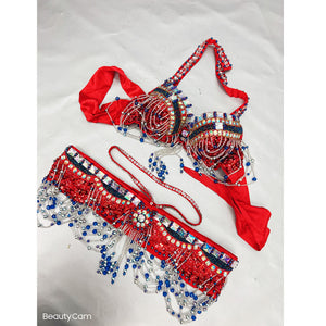 New Sexy Beaded Belly Dance Costume Women Tops Bra Chain Belt 2pc Set Night Dance Wear Tassel Belly Dancing Outfit Carnival Costume  N21024