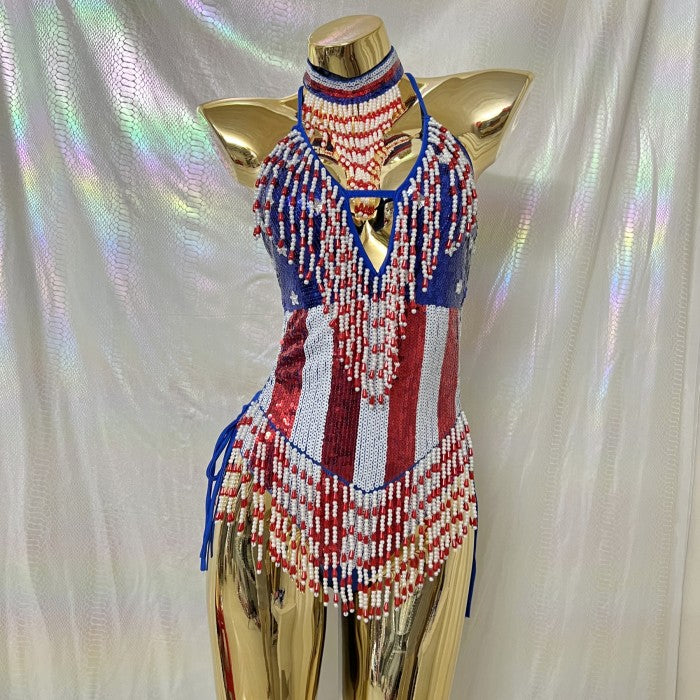 Sexy Women Beads Bodysuit Sequins Swimsuit Rave Dancer One-piece Outfit Flag Of United States And United Kingdom Costumes