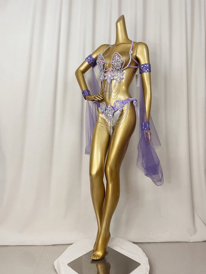 Samba Carnival Wire Bra & Panty & Belt Set Hand Made Belly Dancing Costume Outfit with arm sleeves