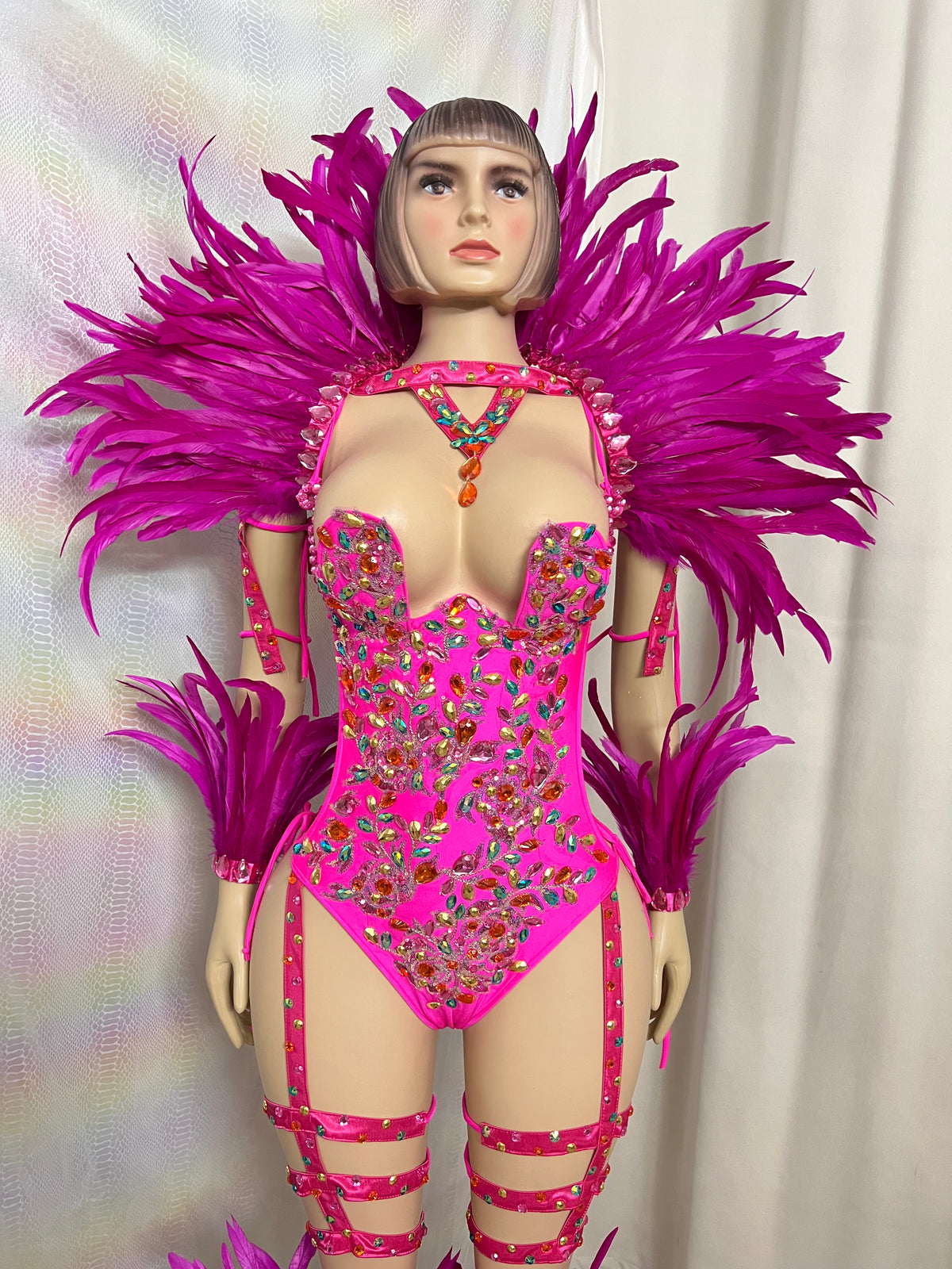 Samba Carnival Handmade Bodysuit With Feather Set And Stones Decorate For EDC Festival