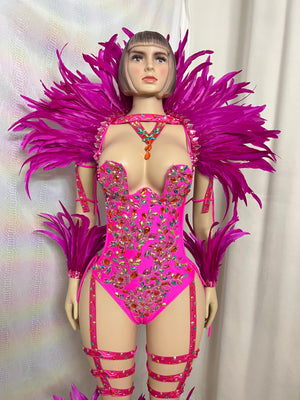 Samba Carnival Handmade Bodysuit With Feather Set And Stones Decorate For EDC Festival