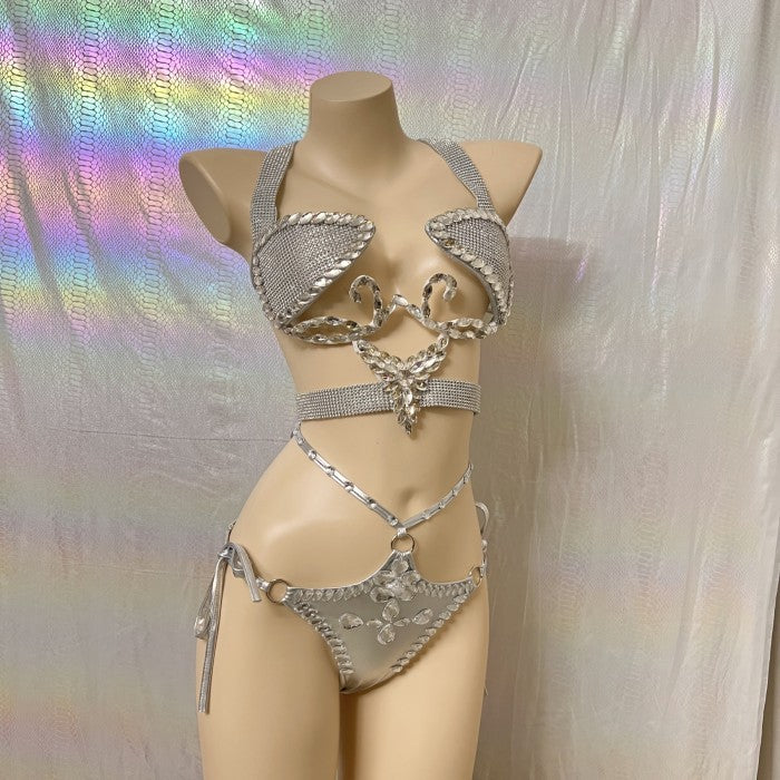 Samba Carnival Handmade Wire Bra And Bottom With Stones Silver Color For EDC Festival