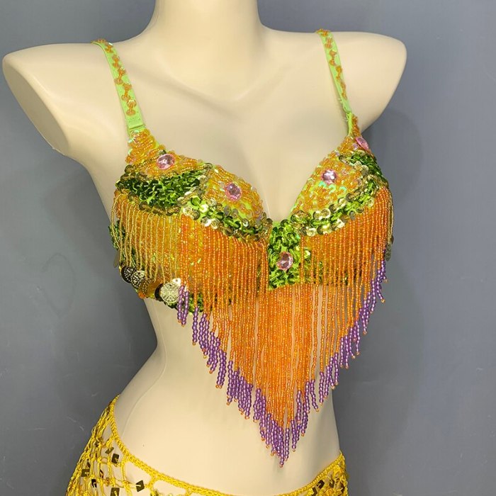 New Women Belly Dancing Suite Beaded Sequined Bra+ Long Tassel Hip Scarf 2PCS Set Samba Costumes Club Night Dance Wear N21007