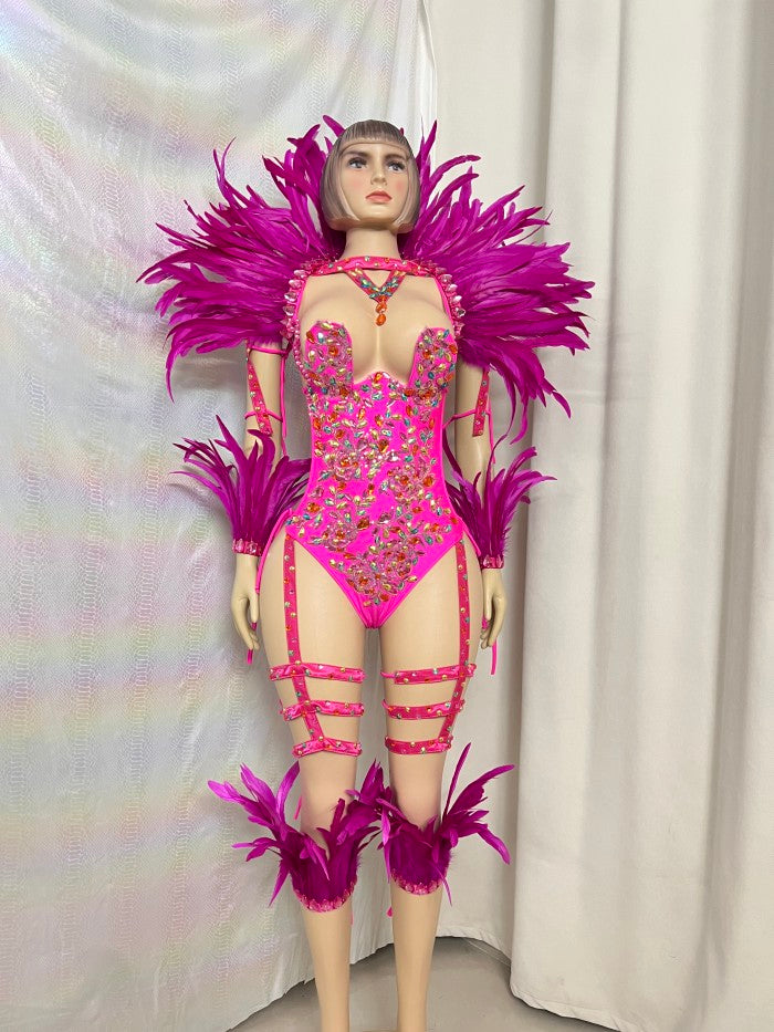 Samba Carnival Handmade Bodysuit With Feather Set And Stones Decorate For EDC Festival