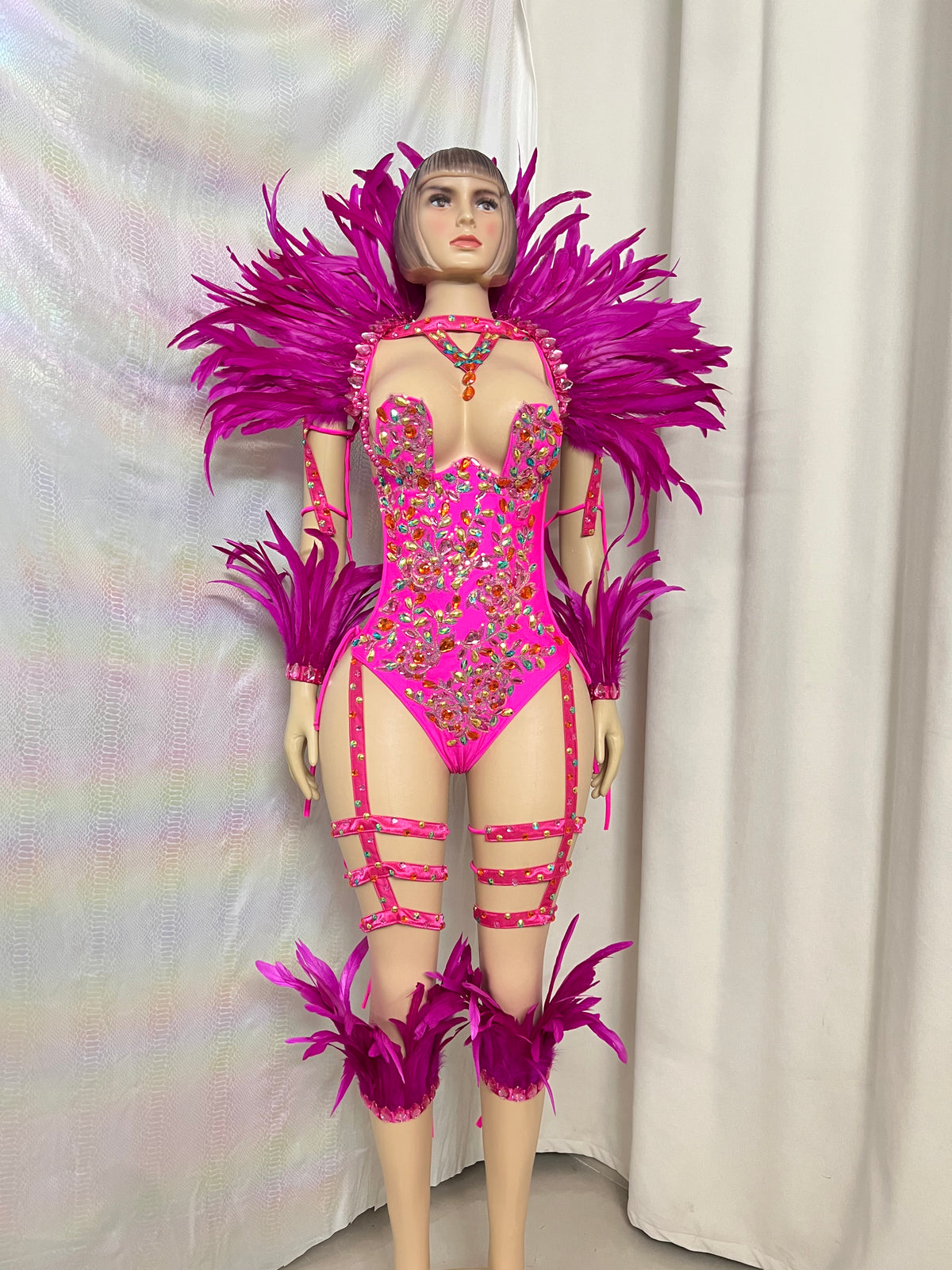 Samba Carnival Handmade Bodysuit With Feather Set And Stones Decorate For EDC Festival
