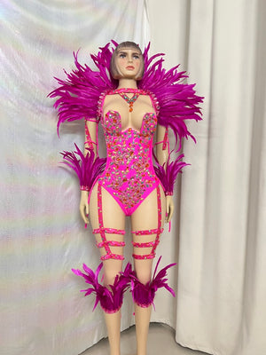 Samba Carnival Handmade Bodysuit With Feather Set And Stones Decorate For EDC Festival
