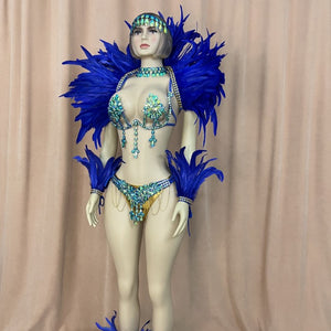 Top Quality Handmade Samba Rio Carnival Wire Bra+Belt+feather shawl With Stone Sexy Belly Dancing Costume