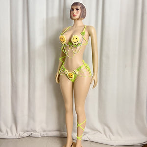 New Samba Carnival Handmade Wire Bra Smiling Sunflower Weaving Pattern With Panty  For Party,EDC Carnival