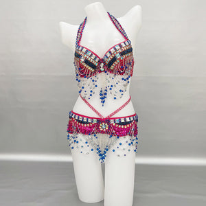 New Sexy Beaded Belly Dance Costume Women Tops Bra Chain Belt 2pc Set Night Dance Wear Tassel Belly Dancing Outfit Carnival Costume  N21024