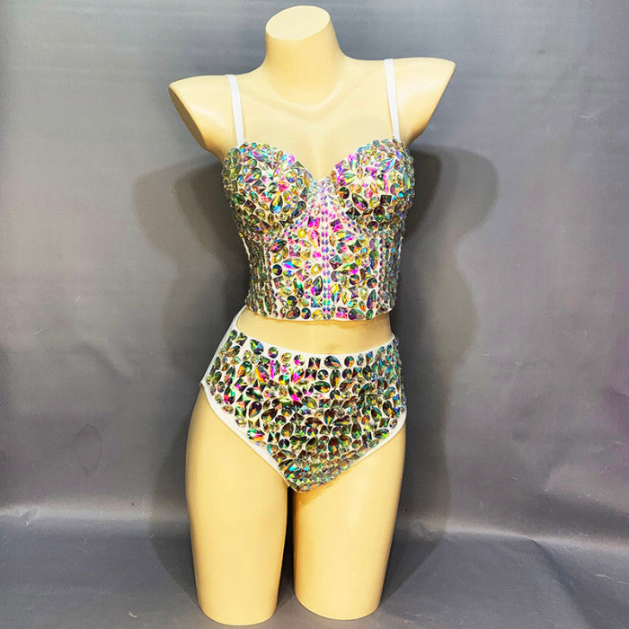 Flashing Sexy Stage Costumes Samba Carnival Bra High Waist Pants AB Color Stone Hand Made 2 Piece Bodysuit Costume Dancer Outfit  BP015