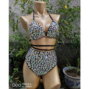 New Samba Carnival Bikini Set Bra High Waist Pants black AB Color Stone Hand Made 2 Piece dance wear BS01