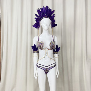 Samba Carnival Handmade Wire Bra And Bottom With Feather Headpiece And Arm,Leg Piece For Halloween Festival