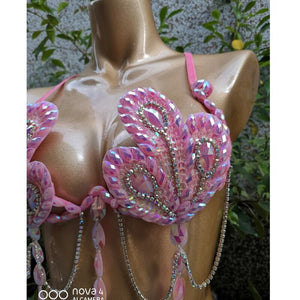 Samba Carnival Bra High Waist Pants Pink Color Stone Hand Made 2 Piece Set dance party wear BP008