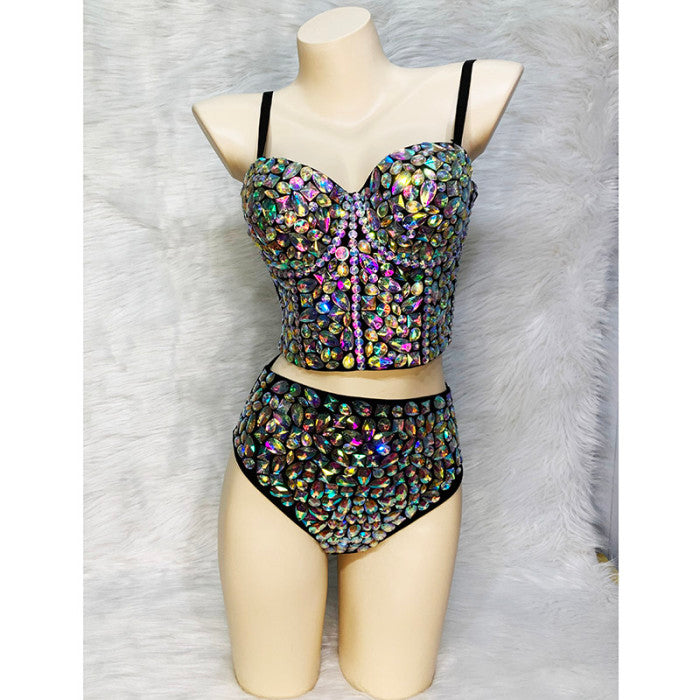 Flashing Sexy Stage Costumes Samba Carnival Bra High Waist Pants AB Color Stone Hand Made 2 Piece Bodysuit Costume Dancer Outfit  BP015