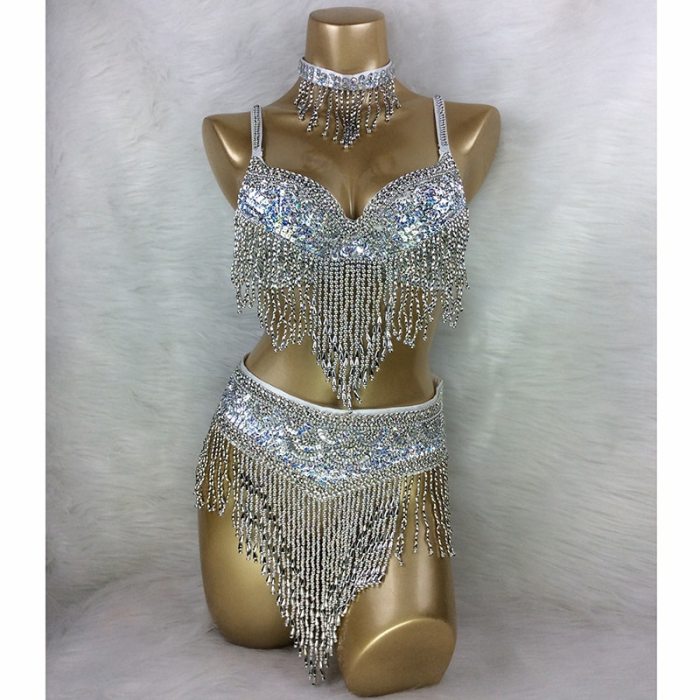 New Women's Belly Dance Set Sexy Carnival Costume Beaded Belly Dancing Clothes Sexy Night Bellydance Tops Chain BRA Belt T201 3pc/Set