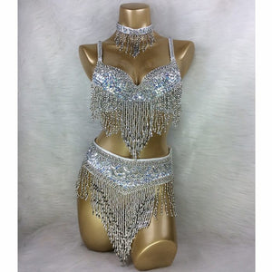 New Women's Belly Dance Set Sexy Carnival Costume Beaded Belly Dancing Clothes Sexy Night Bellydance Tops Chain BRA Belt T201 3pc/Set