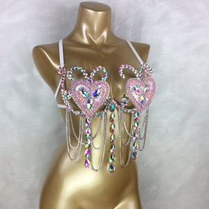 Samba Carnival Bra Rainbow Pink & RED Stone Belly dancing WIRE BRA FREE SHIPPING BB1721