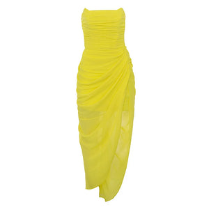 Yellow Strapless Ruched Midi Dress with Asymmetrical Hem