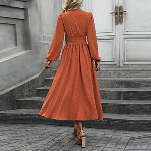 Elegant Rust-Orange V-Neck Bubble Sleeve Dress with Dotted Detail