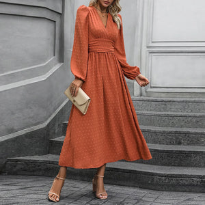 Elegant Rust-Orange V-Neck Bubble Sleeve Dress with Dotted Detail