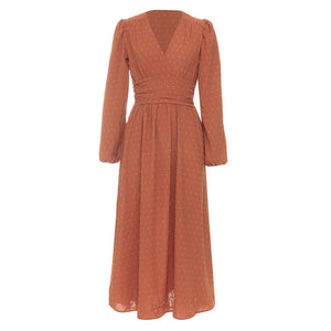 Elegant Rust-Orange V-Neck Bubble Sleeve Dress with Dotted Detail