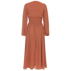 Elegant Rust-Orange V-Neck Bubble Sleeve Dress with Dotted Detail