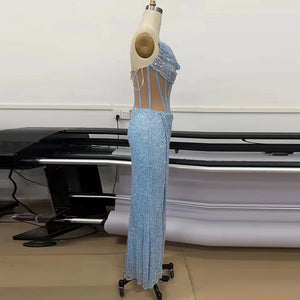 Elegant Beaded Mesh Tube Top Dress with High Slit and Pleated Sequin Detail