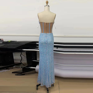 Elegant Beaded Mesh Tube Top Dress with High Slit and Pleated Sequin Detail